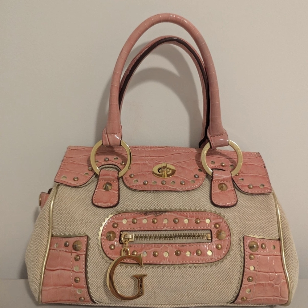 GUESS Logo Canvas Satchel Shoulder Bag Brown Tan